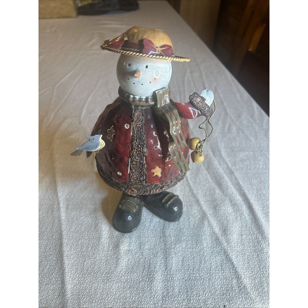 Primitive Folk Art Style Metal Snowman Christmas Figurine & Tea Light Holder